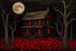 Creepy trees, creepy night, moon, cabin, red flowers, horror, philip wilson steer impresionism painting