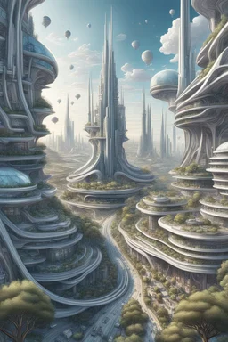 a highly detailed pencil digital drawing of beautiful organic futuristic city in harmony with nature, full screen, fine details and contours, intricate, small minutiae, tiny features, particulars, sharp photo lens, acute outlines, digitally enhanced, least ambient occlusion, wide angle camera, volumetric lighting, volumetric clouds, uhd, 8k, vitality colors, for book cover, enscape render,