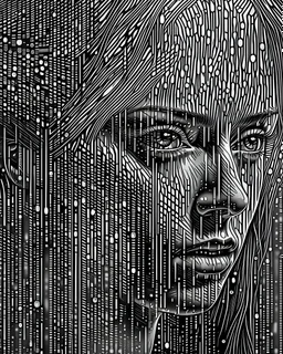 portrait photography in the style of video noise, black and white pointillism, pixelated chaos, digital art, hologram, bigdata, high technology, sound wave background, digital world, neural network, Humanoid, reflaction, masterpiece, 32k UHD resolusion, high quality, professional photography, <lora:add-detail-xl:1>