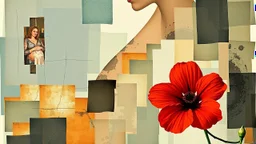 Abstract art, collage, mixed media, double exposure, portrait of pregnant woman, red flower, collage