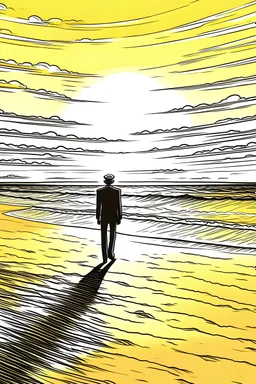 A solitary figure stands on an untouched, sandy beach, gazing at the setting sun painting the sky with warm hues. Footprints in the sand lead towards the horizon, symbolizing the freedom to explore and reflect in peaceful solitude.coloring book page, simple and clean line art, adult drawing book, black and white, crisp black lines, no shades, sharp lines, coloring book for adults, cartoon style, landscape