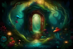 Generate an image depicting the enchanted land beyond the mysterious door. Show a fantastical landscape filled with glowing flora and fauna, including curious creatures whispering riddles in the shadows. Create a magical atmosphere with vibrant colors and surreal elements,