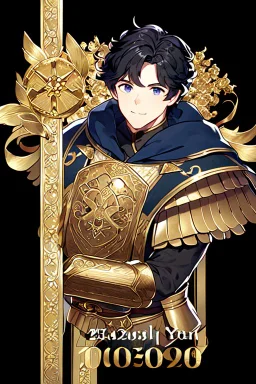 A handsome 30 year old male knight, black hair, dark blue eyes, wavy haircut, in black-and-gold plate armor, no beard, european, portrait