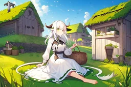 Farm, green grass, house, girl,white hair , sit on grass, cow's tail, cow's horne , cow's under