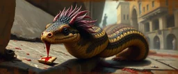 portrait of a hairy rock star wererat snake on batteries, fantasy art, style of Rembrandt,Dead drop discovery: While walking, a party member stumbles upon a small, blood-stained package hidden in a gutter. It contains a coded message to a cult of the Dead Three. 9-10 Parade of the Patriars: A noble's procession blocks the street with bone clubs. The crowd is forced to bow, and guards roughly shove anyone who doesn't move quickly enough.