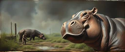 airbrush and pen outline, close up on hippo badger monkey farm , pinhole cam, airbrush 3d rendering, in the style of Titian and Rembrandt , torn edges on border