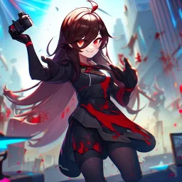 Clear focus,High resolution,High quality, Smiling,Wearing a Fortnite Inspired Outfit,Wearing black long socks, Black Long hair with a ahoge, Red eyes, Wearing black gloves, Bloody mess, Small pupils, Under camera veiw