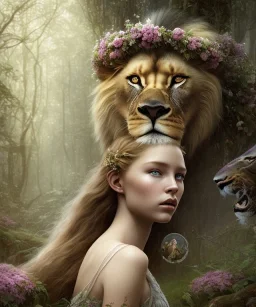 Young beautiful girl with floral crown next to a majestic, stunning lion on nature forest path, Chronicles of Narnia, 8k resolution, high-quality, fine-detail, iridescent, intricate, digital art, detailed matte, volumetric lighting, beautiful, illustration, 3D octane render, brian froud, howard lyon, selina french, anna dittmann, annie stokes, lisa parker, greg rutowski,