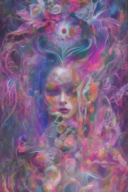 Generate a captivating digital artwork where a vivid explosion of images on a canvas bursts forth, weaving together elements of a woman, demons, tattoos, flowers, and stormy hues. Capture the essence of dynamic creativity in this abstract masterpiece."