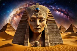 stunning sphinx statue with alien-cate face made of sand in the desert, fantasy, deep colors, high detalied, sharp focus, stars on the sky, surrealistic, sci-fi mood