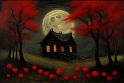 Creepy trees, creepy night, moon, cabin, red flowers, philip wilson steer impresionism painting