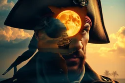 create a surreal double exposure of a pirate captain with a leather eye patch bearing a skull emblem. His face is overlaid with a faded treasure map, torn and weathered. Inside his silhouette, a pirate ship sails near a distant island under a full glowing moon, clouds drifting past, palm trees in the background. His coat and hat blend into storm clouds, golden and dark blue tones, ultra-detailed, cinematic --v 7 --style raw --ar 3:4