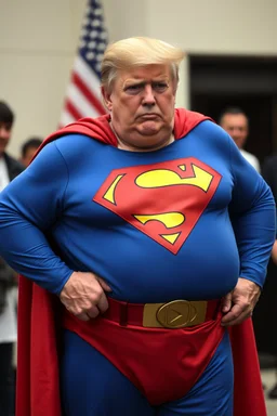 a thoroughly confused, frail, elderly and obese donald trump standing dressed as superman