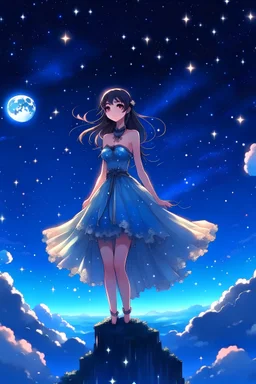 An anime girl who wears a beautiful dress which has sparkles on it and is standing on the clouds at night as there are stars and the full moon.