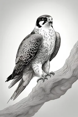 "Create an AI line art piece featuring the Peregrine Falcon, half body short, front short, one of nature's fastest and most agile predators. Capture the bird in flight, showcasing its incredible speed and grace. Highlight the intricate details of its feathers and the intensity in its eyes, embodying the essence of this magnificent raptor."