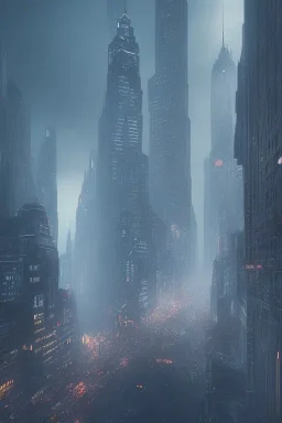 Gotham city, nostalgic, cold, dark blue, gloomy, heavy fog, 8k photorealistic, cinematic lighting, high details, dramatic, atmosphereric