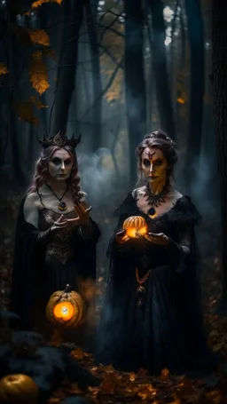 Halloween portrait of merciless medieval countess and her creepy sister in big eyed trance, clawed hands, full moon, swirly mist,autumn wind, performing arcane invocation ritual of smoke demon with immense power on luminous stone altar in dark forest grove, shot on Hasselblad h6d-400c, zeiss prime lens, bokeh like f/0.8, tilt-shift lens 8k, high detail, smooth render, down-light, unreal engine, prize winning