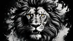 (masterpiece), one angry lion head, swirling ink, black background,