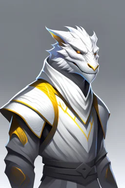 half shot of a white dragonborn with golden eyes, gentler features, calm, pure white scales, dark grey monk outfit, grey trousers