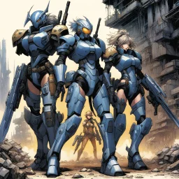 [illustration by masamune shirow] In a post-apocalyptic sci-fi realm, a team of three bioroids navigates the desolation. One is armed with automated weapons, another wield blades, clubs, or missiles. As they traverse the ruined city, dust and rust clinging to every surface, the tension in the air is palpable. The remnants of a once-thriving civilization lay scattered in rubble and decay, a stark contrast to the gleaming mechanical bodies of the bioroids moving with purpose through the wreckage.