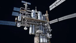 Huge space station, looking like oil drums in a line in the blackness of space