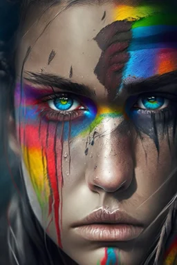 Beautiful girl with rainbow eyes, warrior, strong, sad, resilient.