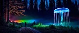 Bigfoot, investigating, closeup, giant bio luminous Rainbow floating high JellyFish, light floating in a forest, mist, light trails, nighttime, long exposure, Treeline, Alberta, scientist, Dystopian, Hyper detailed, Realistic, Extreme depth of field, bokeh blur, Alberta all-natural, National Geographic, in the style of candid, imperfection, natural lighting, cinematic, Fuji Film, Anamorphic lens, 2040s, --ar 4:5 --w 150 --style ra