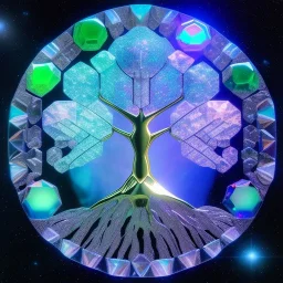 hedjuk,Tree of Life, crystal city crystalline in the sky, renderin, room, cosmic, opalescent, 100mm, opalescent, gemstones, crystals, object, other worldly,water, cristal rock ,bright, ice backg