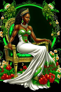 Create a digital airbrush cartoon of a curvy African American female sitting sideways on a queen throne. She is wearing a white shiny gown with white heels. Prominent make up with brown eyes. Highly detailed black and off-white braids in her hair. The braids are flowing all directions with a crown on her head. Background of green, black and red flowers surrounding her