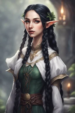 beautiful elf girl, with one long black braid, dressed in diplomatic attire