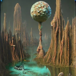 Hyperrealistic creepy landscape, odd, polaroid, Walton Ford, Max Ernst, 3d, sharp focus, noon light, bright colours, high resolution, very detailed, volumetric light, mist, grim, fine art, decaying, textured oil over canvas, very colorful, ornate