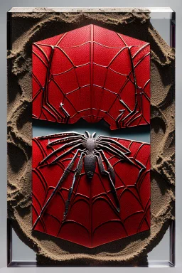 Spiderman's close up footprint lodged within sand in a neat, square display glass box, "spiderman" engraved on small metal plate outside of the box, realistic and highly detailed, 8k