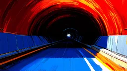 digital painting, Coming down the tunnel ramp, the warmth of the blues crackles., intense dark chestnut brown, burnt sienna and soft cream color, redscale, red light leaks, warm, bright sunlight, bold and slim lines, brush strokes