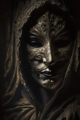 An intriguing, chiaroscuro-style portrait of a mysterious figure wearing a Venetian mask, shrouded in shadows and a dramatic play of light and dark, capturing the enigmatic aura and the intricate details of the ornate mask.