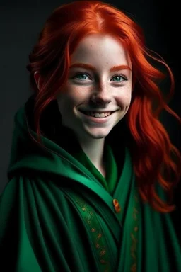 A Lively girl with red hair and green eyes and she is wearing a hogwarts robe