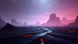 landscape made of tar that looks futuristic with futuristic lighting, realistic rendering, tar colors