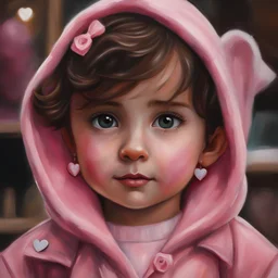 Painting of a little girl with big hazel eyes and short brown hair with a pink jacket and heart earrings, 2 years old, adorable eyes, cute face, oil pastel, oil pastel painting, oil painting, painting style