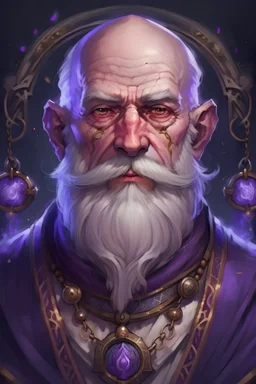 Generate a Human dungeons and dragons character portrait of the face of a male human wizard with a bald head, a long white beard, short ears and purple eyes. He is smirking and glowing with magical energy. He looks mischievous and is smirking. He has a cocaine addiction. He is holding a watch on a chain. He has very short ears and white powder under his nose.