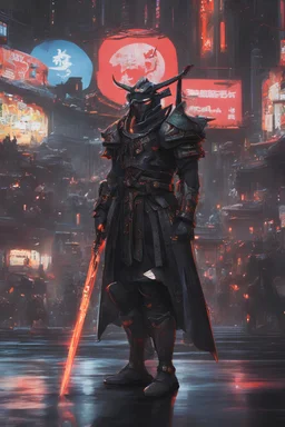 In the sprawling metropolis of Neo-Edo, a cyber-samurai warrior faces off against a horde of cybernetically-enhanced Tengu. The cityscape is a mesmerizing blend of traditional Japanese architecture and high-tech neon signs. [Epic, Neo-Edo, Cyber-Samurai, Tengu, Futuristic, Urban, Detailed, Action-Packed, Luminous, Dynamic]
