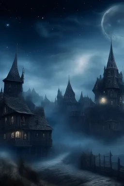 The gothic village in another dimension surrounded with stars and galaxies and clouds and fogs, Busch painting nightmare style , 3D , scary, magical, mysterious