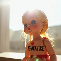 doll melting in sunlight, dripping, with the French word "DISPARAÎTRE" on the doll, dazzling sun, ytopical heatwave