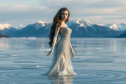 in a frozen sea with pretty mountains a full model lady statue with long curvy hair made and midi jeweled dress of frozon water in artist pose standing over frozon water looking at camera, of clear glass like ice that going to melt and water drops fall from all body.