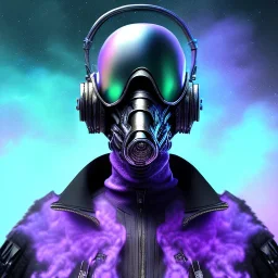 full body apocalyptic purple masked villain in galaxy, teal and purple smoke, detailed, realistic, 4k