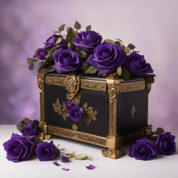 A black and gold decorated chest half opened and filled with purple blue roses in front of it a burning candle in delicate purple all on a light background