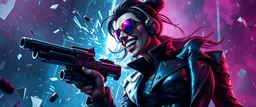 airbrush 3d rendering, mafia cyberpunk stylish lady dr smick Vex is now officially in stasis. No experiments. No clones. No accidental galaxy-ending breakthroughs. sci fi guns and rays, shattering glass background, flying debris, mad laugh
