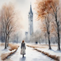 "realistic" full size a woman in a snowy park walks towards a white tower. There are trees and a snow-covered bench along the path. The leaves on the trees are dry and brown. The sky is grey. watercolor wet on wet, romantic, detailed. watercolor painting wet on wet, splash effect, romantic, detailed, award winning, focused, nikonD850