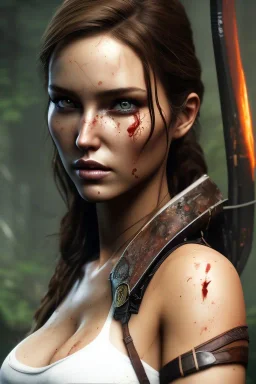 Camilla Luddington face, lara croft clothes, archery, mouth shut, busty hitomi tanaka, dirty face, mud, blood, sweat, scratch, pintura, details,texture,8k quality, florest, Minimalism, Romanticism, Expressionism, Impressionism