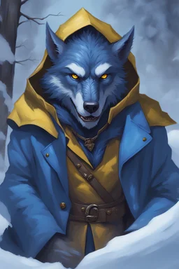 Dungeons and dragons fifth edition fantasy art, Portrait of a blue werewolf, wearing a blue trench coat, with yellow eyes, snow tundra background