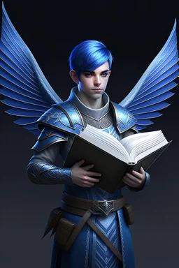 a person in runic armor with blue wings, blue short hair, runic tattoo and spell book, male