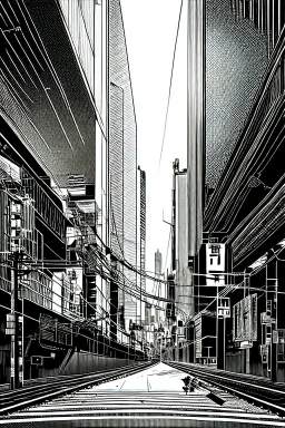 black vortex over Tokyo city, line arts, greyscale